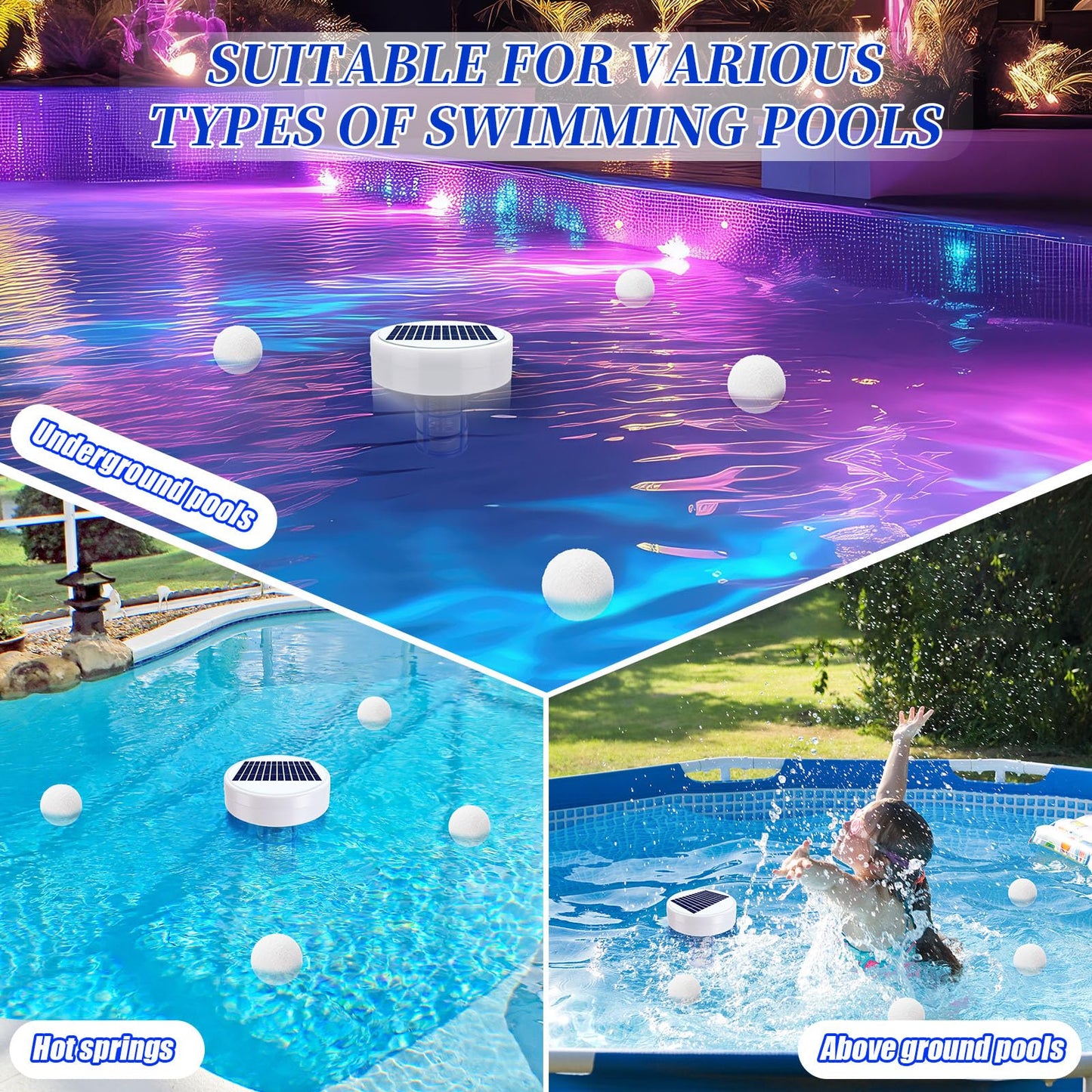 Qualirey Solar Pool Ionizer Automatic Floating Pool Cleaner, Water Ionizer with 4 Pcs Scum Eliminating Ball, for Above Ground and Inground Pools, up to 35, 000 Gallons (Without Light)