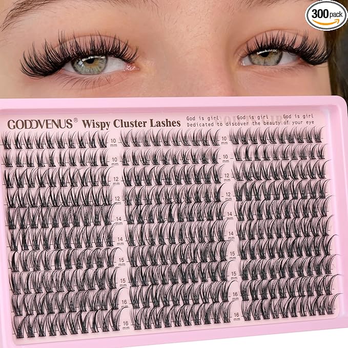 Goddvenus Eyelash Extensions Wispy Natural DIY C Curl Individual Lashes Clusters Black 10-16mm 300pcs