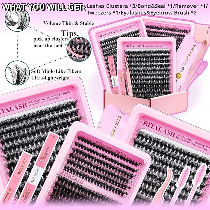 Lash Clusters Kit 3D Effect Cluster Eyelash Extensions Lashes Clusters Kit Eyelash Clusters Kit PestaÃÂ±as Postizas Naturales Lash Extension Kit+Lash Bond&Seal,Remover,Tweezers,Brush(60D+80D Lash Kit)
