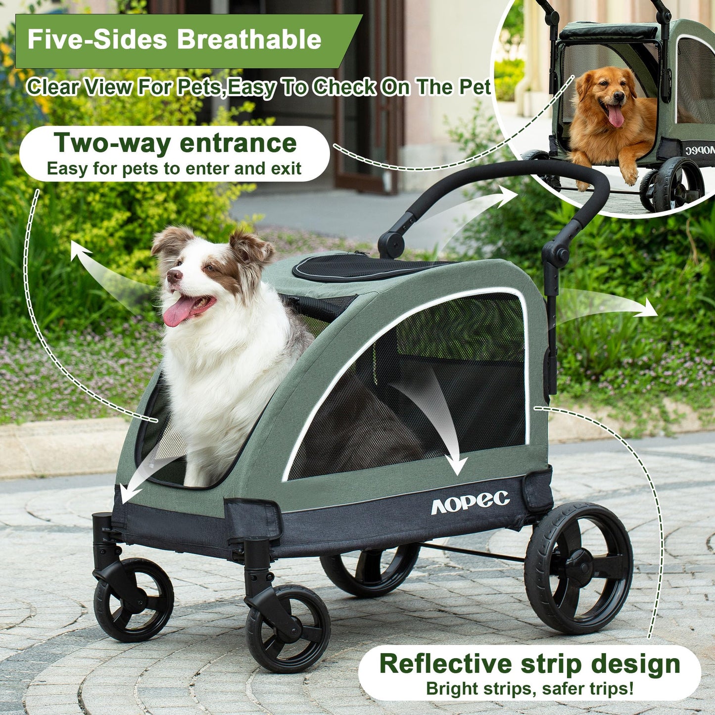 AOPEC Large Dog Stroller - Dual Entry Safety Folding Pet Stroller with Adjustable Handle, All-Terrain 4-Wheel, 160 lbs Weight Capacity for Travel & Outdoor Adventures - Green