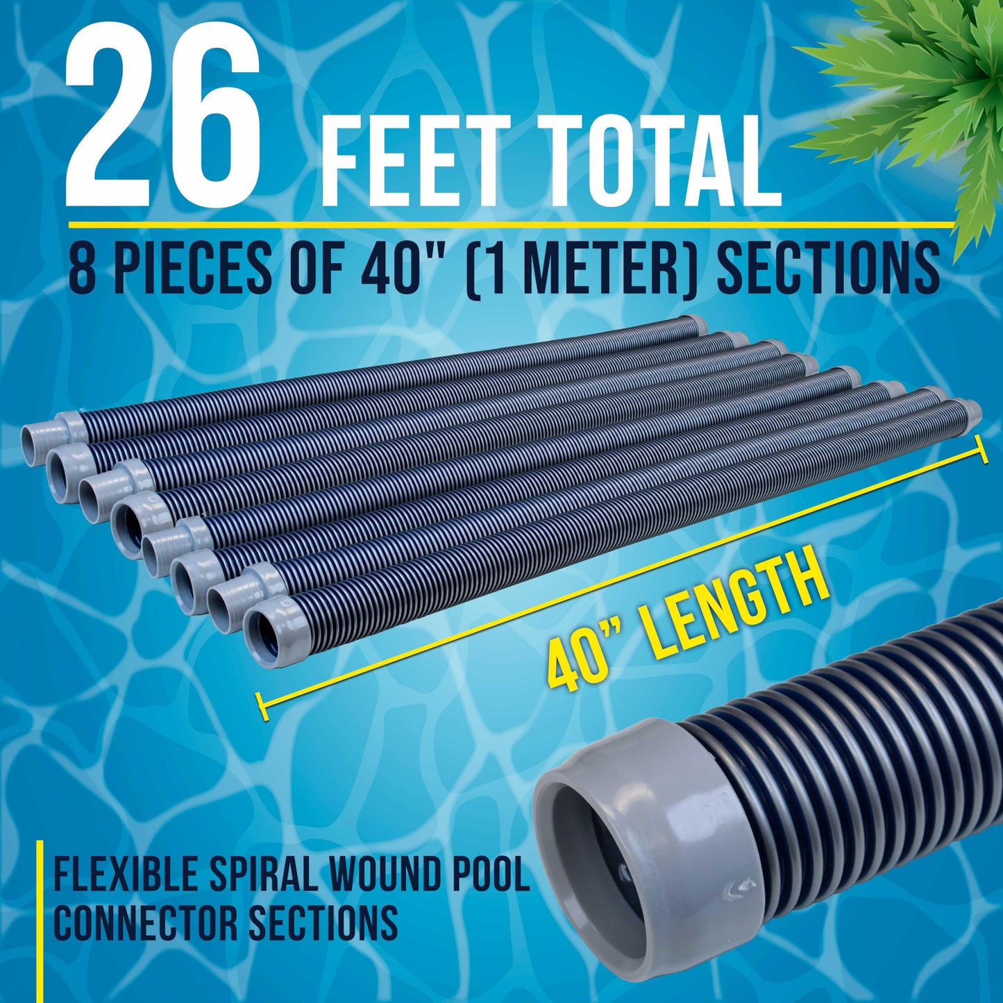 U.S. Pool Supply Pool Vacuum Hose, 8 Piece Pool Hose Set - 40" Blue Flexible Spiral Wound Connector Sections with 1.5" Male & Female Cuff Ends, Replacement Fits Most Inground Automatic Cleaner Brands