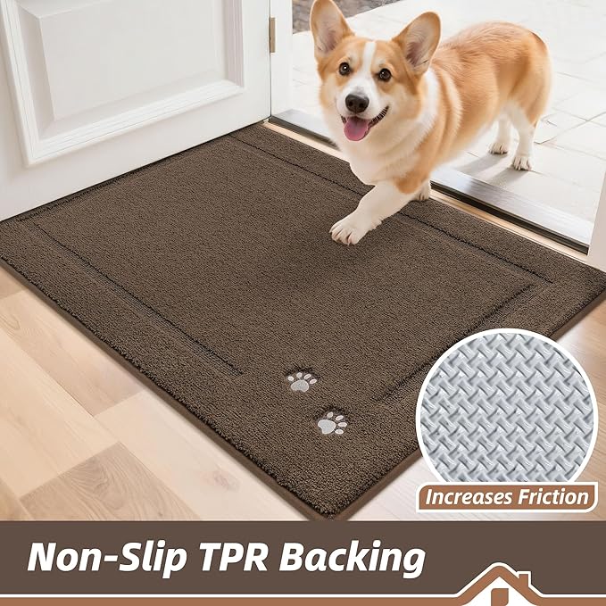 BEQHAUSE Dog Door Mat for Mud Paws Dirt Trapper Doormat Non-Slip Entryway Rugs Absorbent Welcome Mat Washable Indoor Floor Mat Low-Profile for Front Door, 20" x 32", Brown