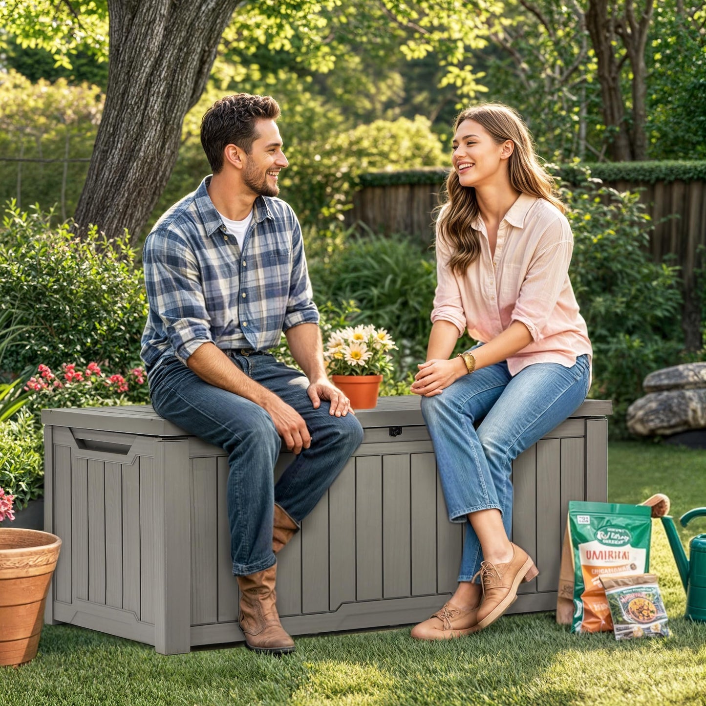 YITAHOME Outdoor Storage Box, 120 Gallon Waterproof Deck Box for Garden Tools, Patio Cushions, and Pool Accessories, Lockable, Easy Assembly, Versatile Bench or Table (Light Brown)