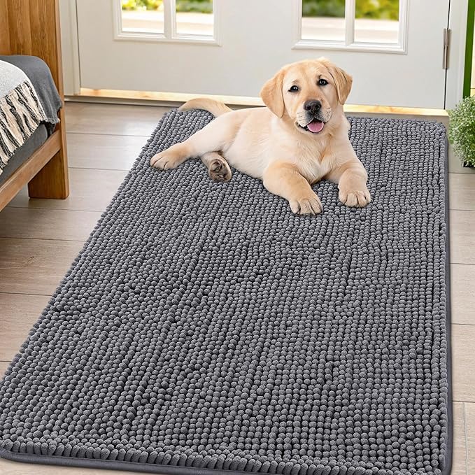 Smiry Dog Door Mat for Muddy Paws 44x32, Absorbs Moisture and Dirt Doormat, Non-Slip Washable Quick Dry Chenille Front Door Mat Indoor Entrance, Entryway Carpet for Inside Floor, Dark Grey