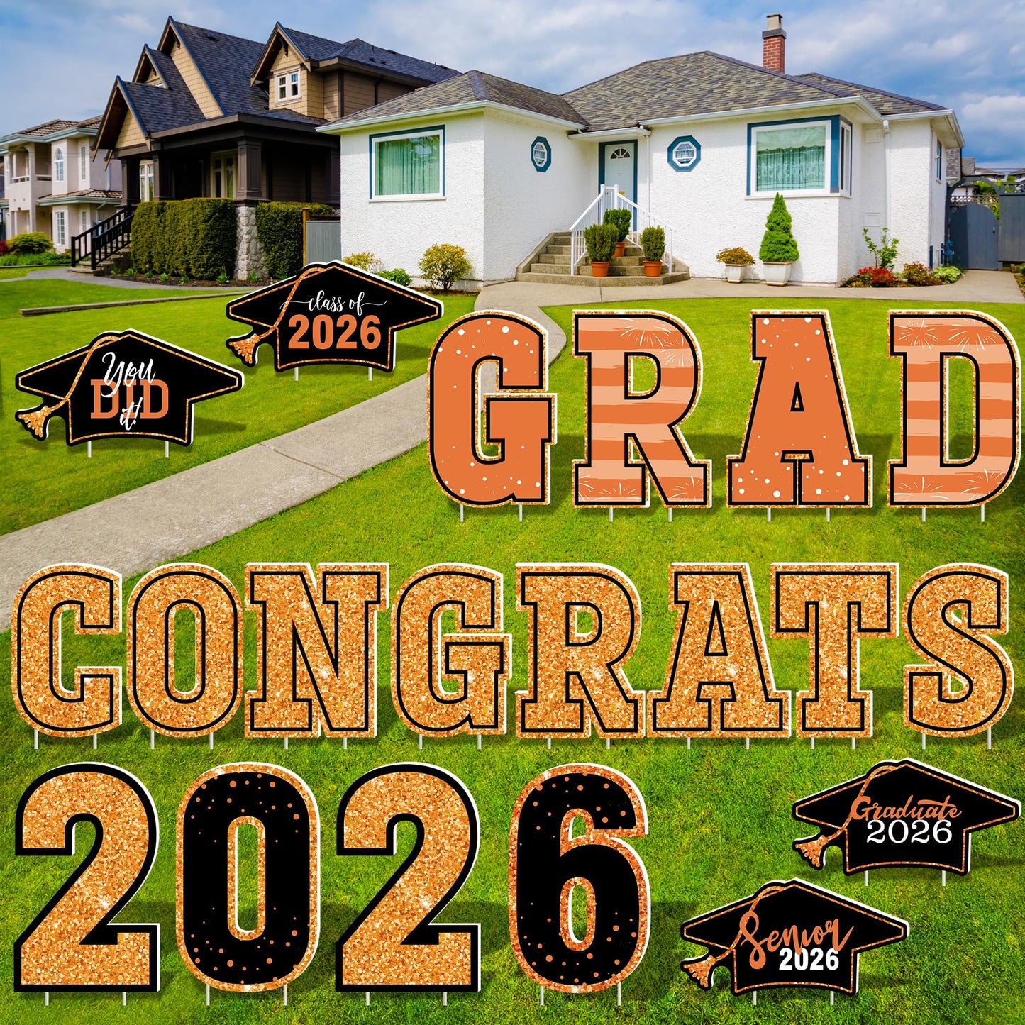 20 Pieces Graduation Yard Signs 2026, Class of 2026 Congrats Grad Yard Sign, Orange Congratulations Yard Signs with Stakes, Plastic Graduation Yard Decorations for College School GRAD Party Supplies