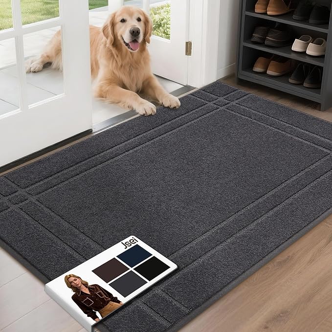 JSEI Entryway Rugs Doormat 32"x48", Non-Slip Dirt Trapper Door Mats Indoor, Washable Absorbent and Stain Resist Welcome Floor Mat for Front Door, Dog Door Mat, Dirty Wet Shoes & Paws, Dark Grey