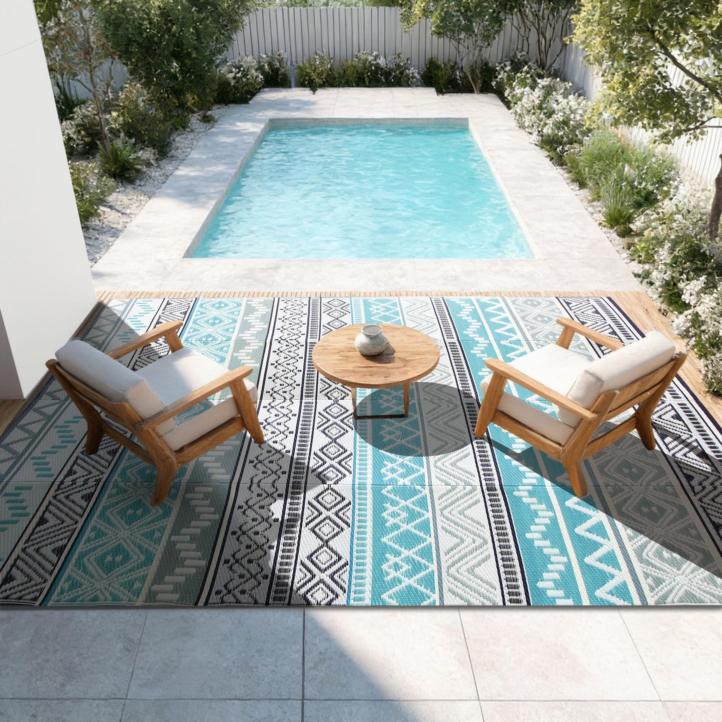Strickland Home Outdoor Rug Waterproof 5 x 8 ft, Reversible Plastic Straw Rug for Patio, Large Outdoor Carpet for RV, Patio, Camping, Backyard, Deck, Picnic, Beach, Blue & Grey