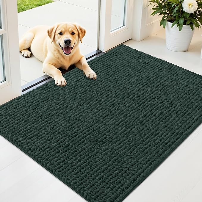 OLANLY Dog Door Mat for Muddy Paws 40x32, Ultra Absorbent Chenille Mud Doormat, Non-Slip Washable and Dirt Trapping Doormat for Indoor Entryway, Quick-Dry Indoor Pet Bed Mats for Dogs, Blackish Green