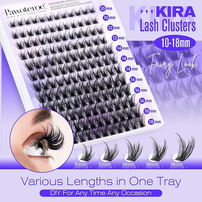 Pawotence Kira Lash Clusters Kit 10-18mm Cluster Lashes Extension Kit 144pcs Fairy Eyelash Clusters Wispy Lashes Cluster Eyelash Extensions with Waterproof Lash Bond and Seal, Remover, Applicator