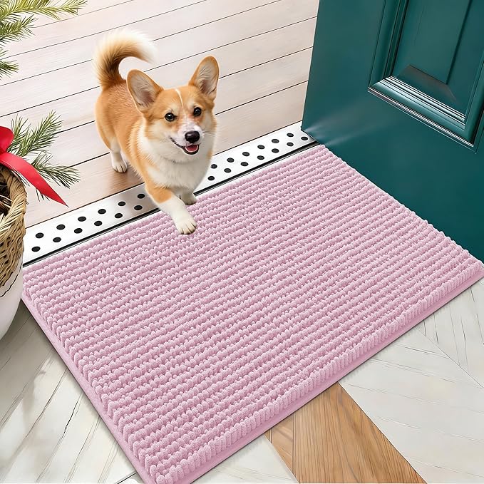 OLANLY Dog Door Mat for Muddy Paws 24x16, Ultra Absorbent Chenille Mud Doormat, Non-Slip Washable and Dirt Trapping Doormat for Indoor Entryway, Quick-Dry Indoor Pet Bed Mats for Dogs, Dusty Rose
