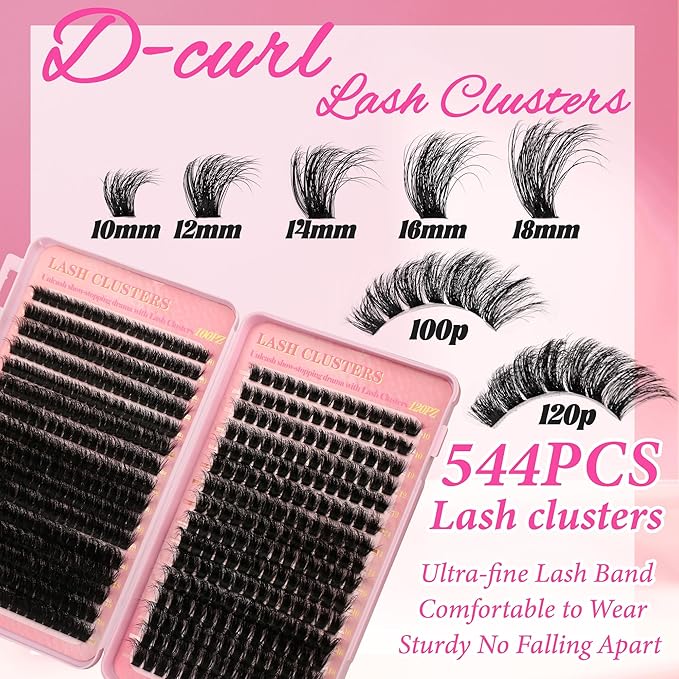 Cluster Eyelash Extensions Wispy Lash Clusters Kit 544Pcs Volume 100D 120D Eyelash Clusters D Curl Lashes Clusters DIY Individual Lashes Clusters Lash Cluster Glue Lash Tweezers