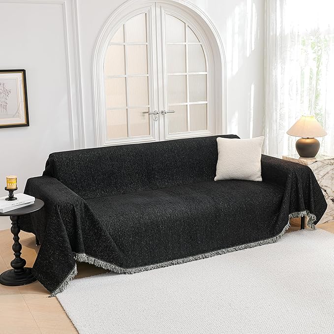 MYSKY HOME Black Chenille Sofa Slipcover Couch Covers for Sectional l Shaped Couch Pets Protector Furniture Covers Futon Cover Super Soft Washable Decorative Couch Covers for 3 Cushion, 91"x118"