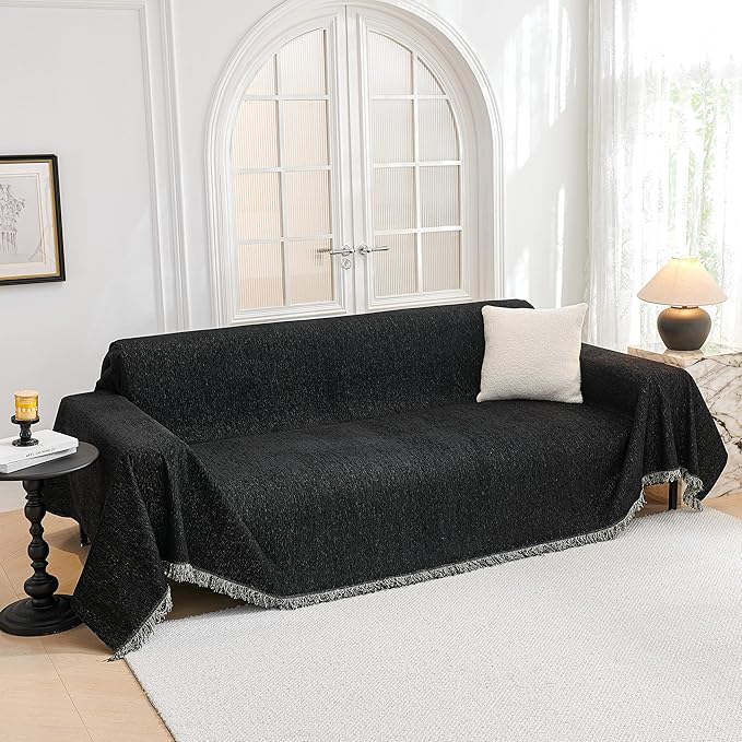 MYSKY HOME Couch Cover for Dogs Washable Couch Covers Couch Covers for Dogs Couch Cover 2 Cushion Sofa Non Slip Dogs Furniture Protector with Tassels Chenille Sofa Covers for Pets, 71"x102", Black