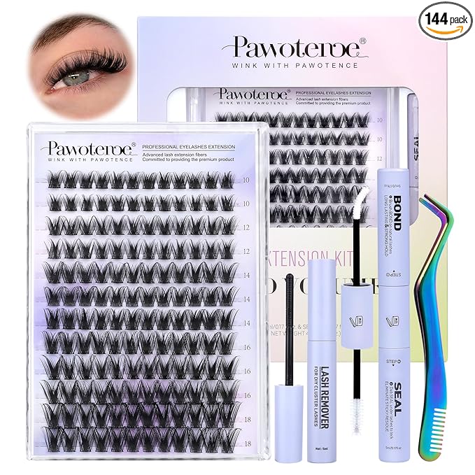 Pawotence Kira Lash Clusters Kit 10-18mm Cluster Lashes Extension Kit 144pcs Fairy Eyelash Clusters Wispy Lashes Cluster Eyelash Extensions with Waterproof Lash Bond and Seal, Remover, Applicator