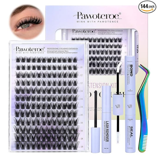 Pawotence Kira Lash Clusters Kit 10-18mm Cluster Lashes Extension Kit 144pcs Fairy Eyelash Clusters Wispy Lashes Cluster Eyelash Extensions with Waterproof Lash Bond and Seal, Remover, Applicator