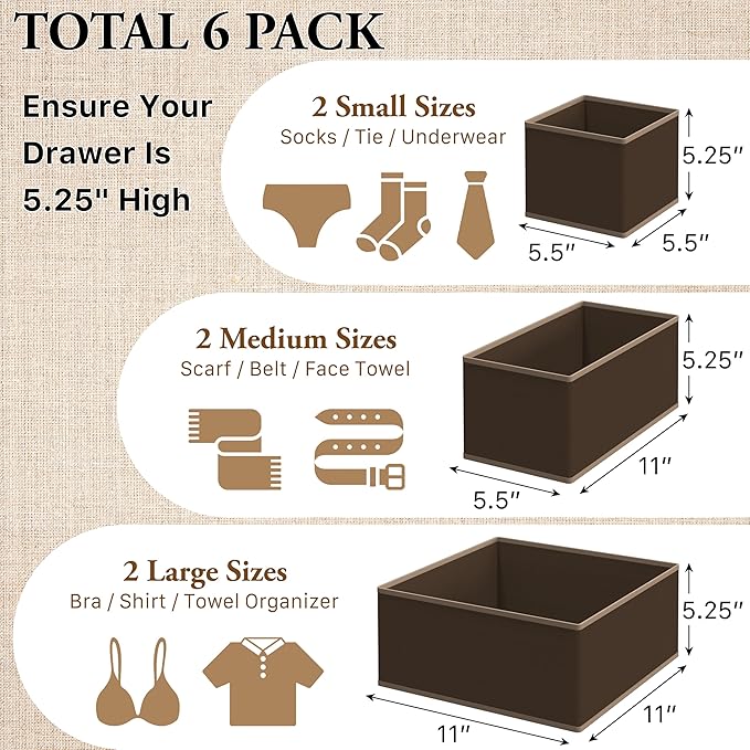 Simple Houseware Underwear Drawer Organizer for Lingerie/Undergarment/Bra/Panty/Sock/Onesie, Set of 6, Brown