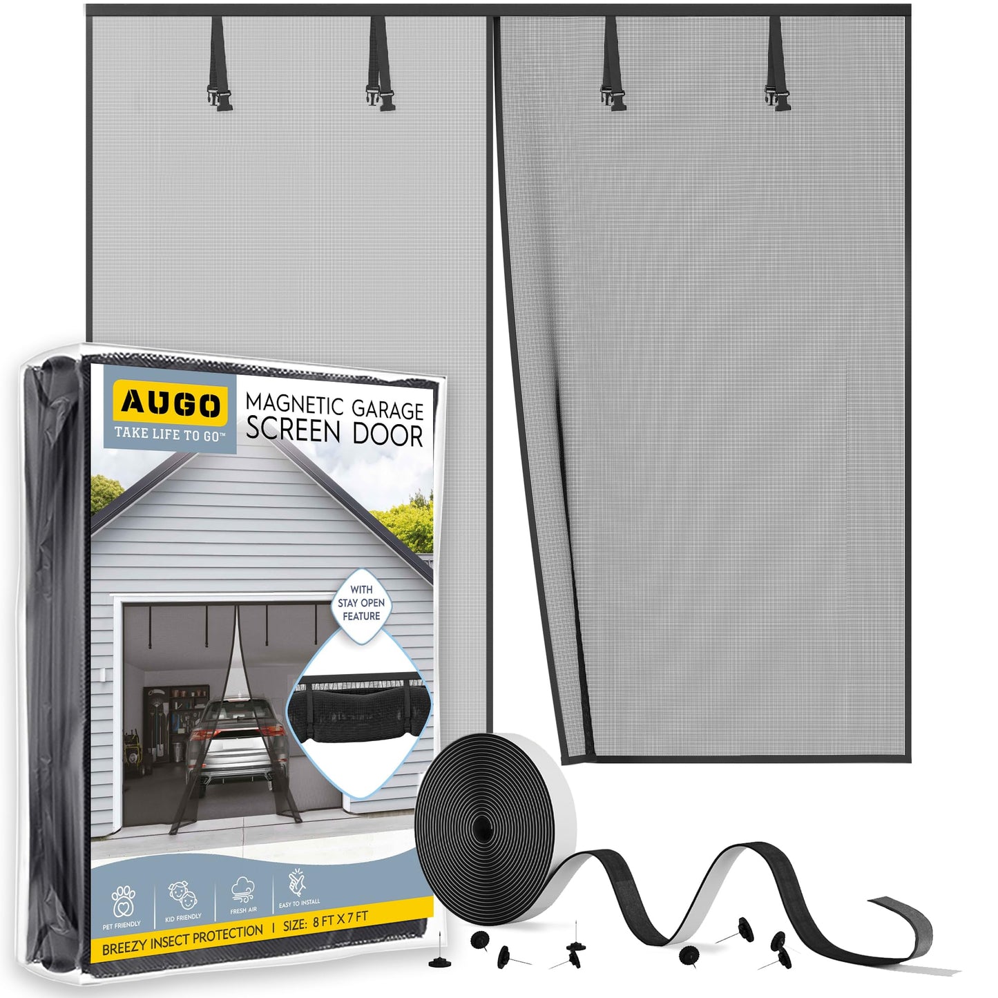 AUGO Garage Door Screen, 2 Car 8x7FT, Fiberglass mesh with Magnetic Closure, Heavy Duty Weighted Bottom, Easy Assembly & Pass, Hands Free Screen Door