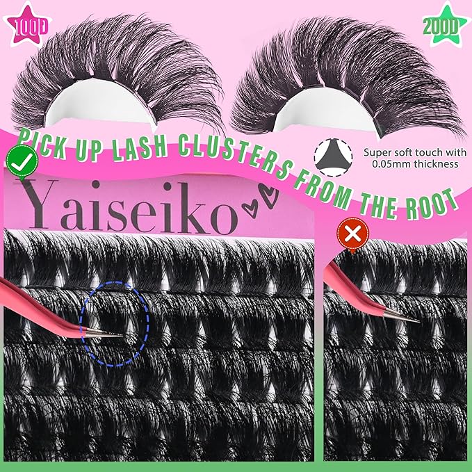 Yaiseiko Lash Clusters Kit 100D+200D Thick Volume Eyelash Clusters Kit 12-25mm Wispy Individual Lashes D Curl Long Cluster with Lash Bond and Seal Waterproof DIY Lash Extension Kit(KIT-280PCS)