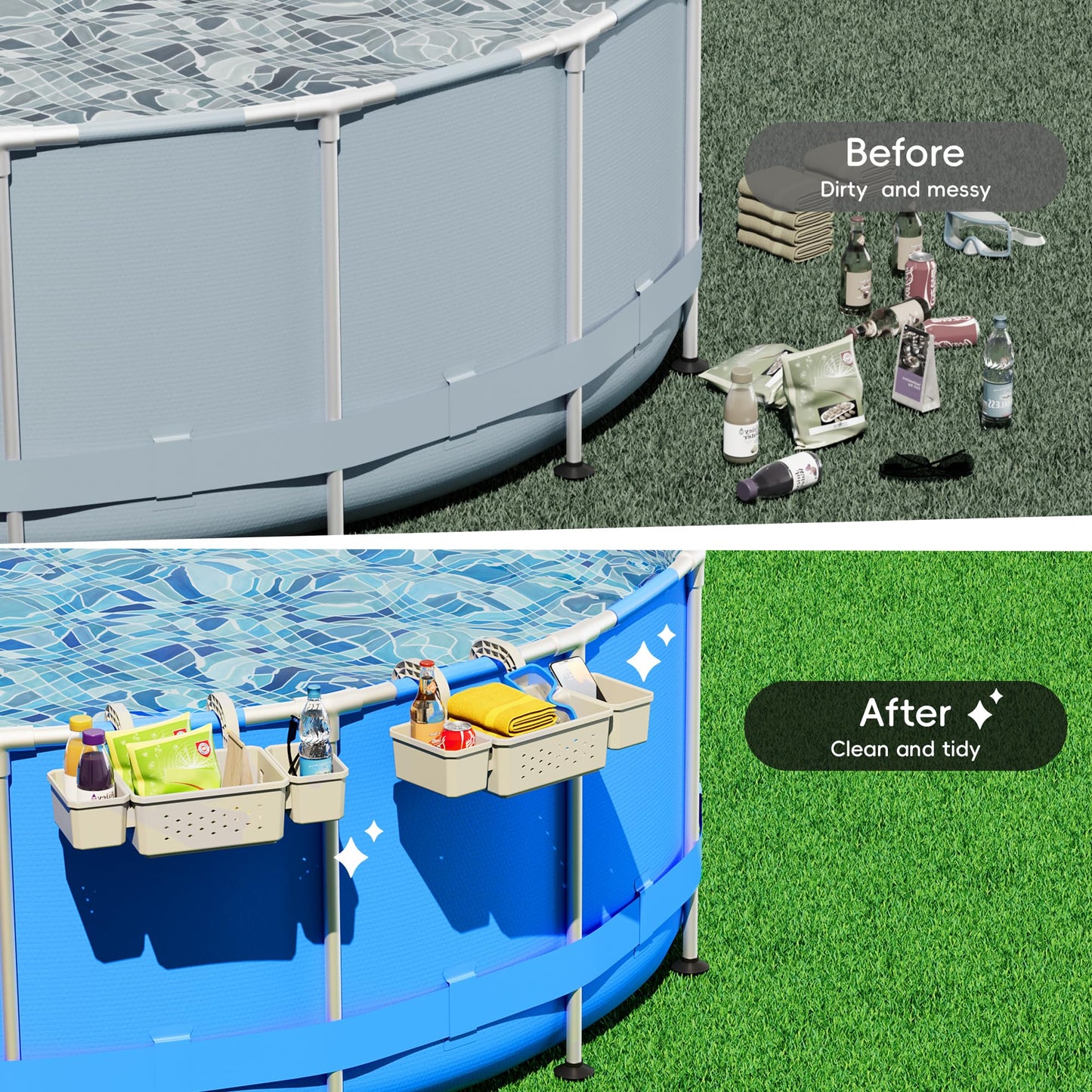 SHAPON 2026 Upgrade 2 Sets Poolside Storage Basket with 2 Cup Holders, Pool Drink Holder Stretchable Organizer for Drinks & Pool Supplies, Above Ground Pool Accessories for Most Frame Swimming Pools