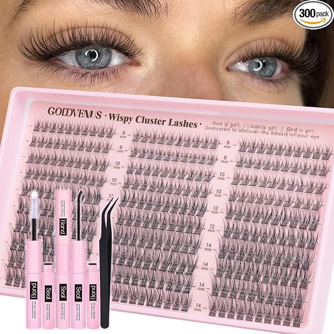 Goddvenus Lash Clusters Kit 9-14mm Wispy Eyelash Clusters Lashes Natural DIY Lash Extension Kit Short Cluster Eyelash Extensions Kit 300pcs C Curl Individual Lashes Cluster Eyelash (With Tweezers)