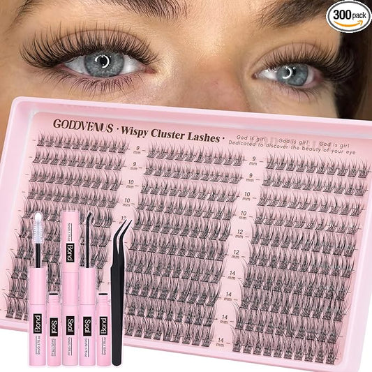 Goddvenus Lash Clusters Kit 9-14mm Wispy Eyelash Clusters Lashes Natural DIY Lash Extension Kit Short Cluster Eyelash Extensions Kit 300pcs C Curl Individual Lashes Cluster Eyelash (With Tweezers)
