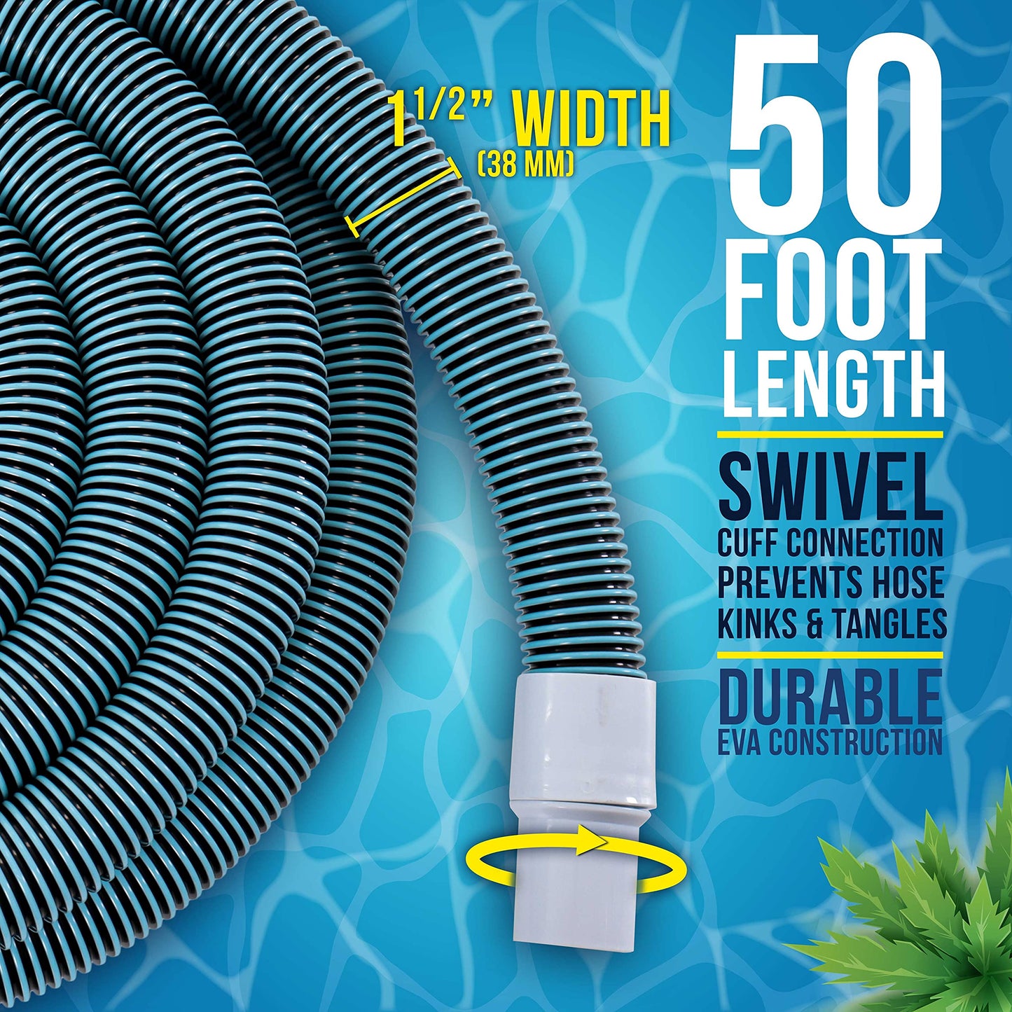 U.S. Pool Supply Pool Vacuum Hose - 1-1/2" x 50' Professional Heavy Duty Pool Hose for Inground, Spiral Wound with Kink-Free Swivel Cuff - Connect to Vacuum Heads, Skimmer, Cleaner, Filter Pump Inlet