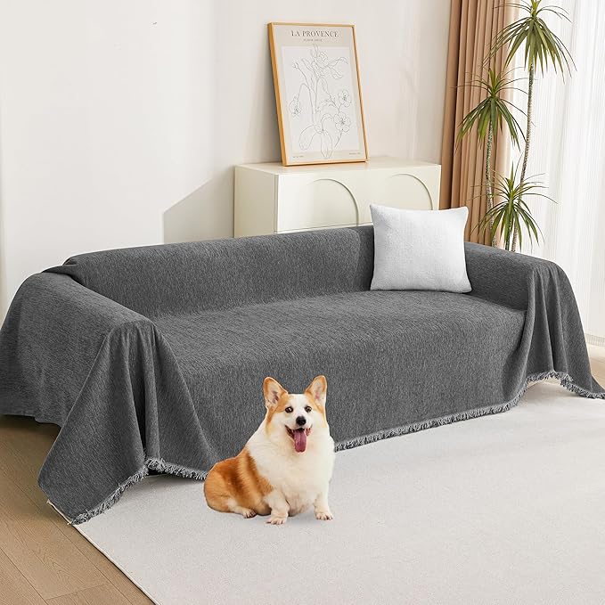 MYSKY HOME Boho Couch Cover Charcoal Gray Sofa Covers with Tassel Farmhouse Sofa Slipcover Simple Couch Protector for Dogs Chenille Sectional Couch Covers L Shaped Couch Cushion Covers, 91"x 134"