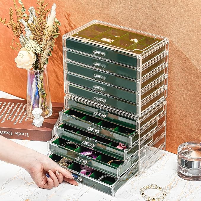 ProCase Earring Holder Organizer Jewelry Box with 10 Drawers, Acrylic Clear Earring Case with Adjustable Velvet Trays for Women - Emerald,10 Layers