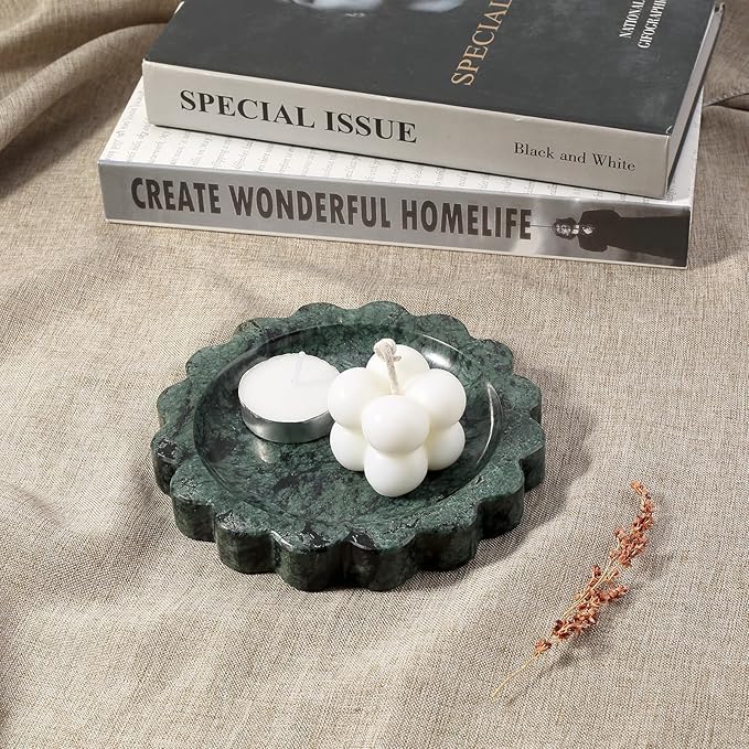 Koville 5.51" Scalloped Marble Tray, Round Stone Jewelry Trinket Dish for Ring, Natural Small Marble Tray for Bathroom Kitchen Dresser Countertop, Decorative Candle Tray(Green)