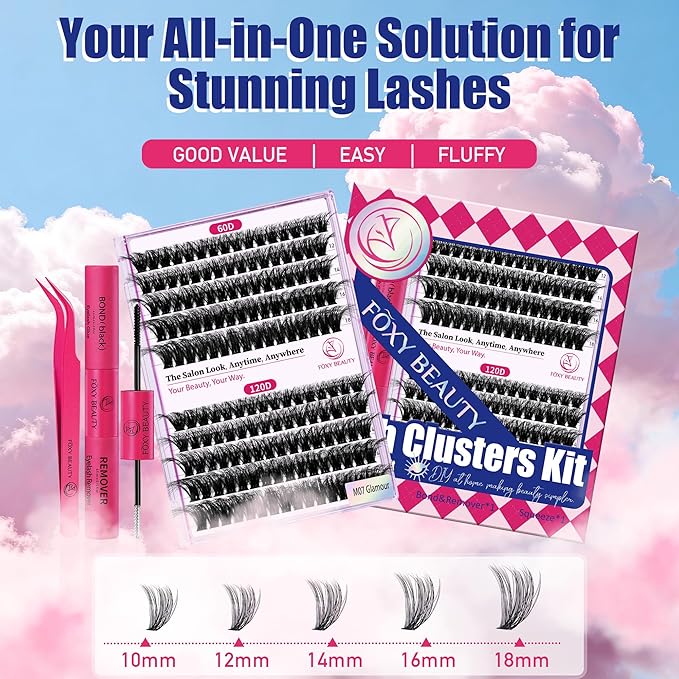 Lash Clusters Kit Lashes Fluffy Lash clusters Thick Lash Extension Kit D Curl DIY False Eyelashes with Bond and Remover 60D 120D