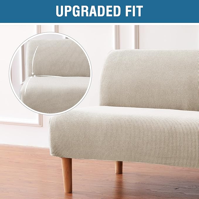 Armless Futon Cover Stretch Sofa Bed Slipcover Protector Elastic Feature Rich Textured High Spandex Small Checks Jacquard Fabric Futon Cover, Machine Washable, Island Fossi
