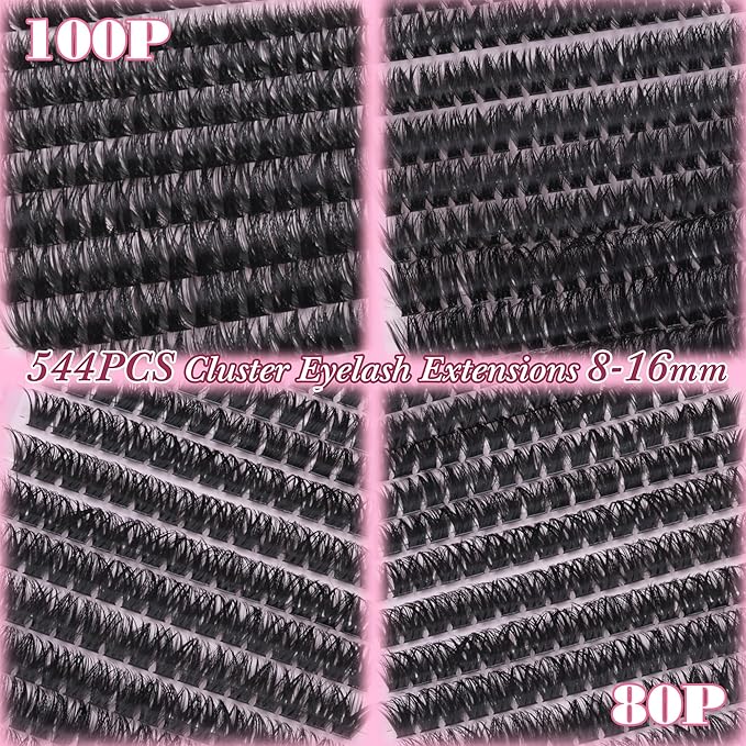 Lash Clusters 80D 100D Wispy Eyelash Clusters 544PCS Fluffy Cluster Eyelash Extensions D Curly Individual Lashes PestaÃÂ±as Postizas 8-16MM Lashes Extensions for Beginners withThin Band by zenotti