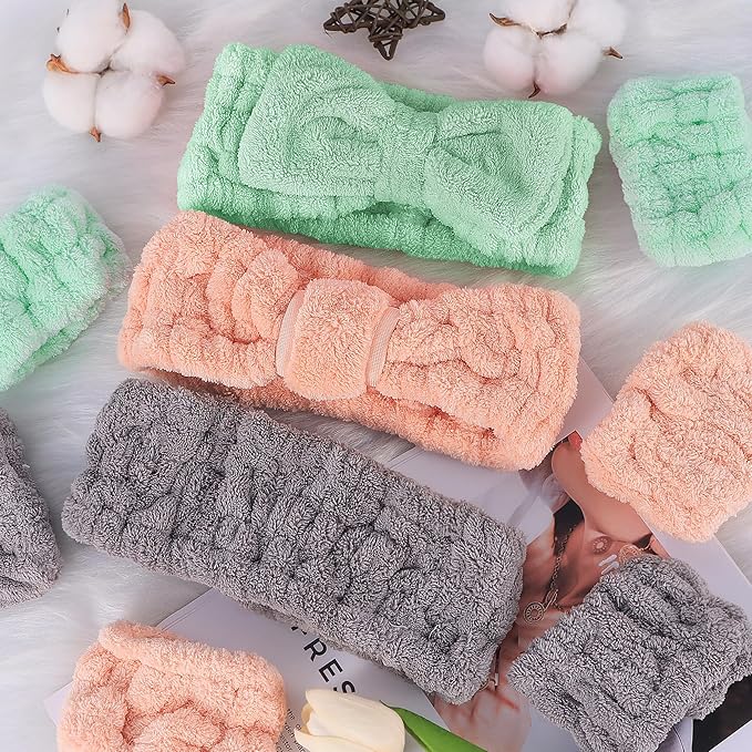 9 Pcs Spa Headband for Washing Face,Skincare Headband and Wristband Set,Women Teen Girls Facial Hairbands for Washing Face, Makeup, Sports, Yoga (orange-pink + green + dark grey)