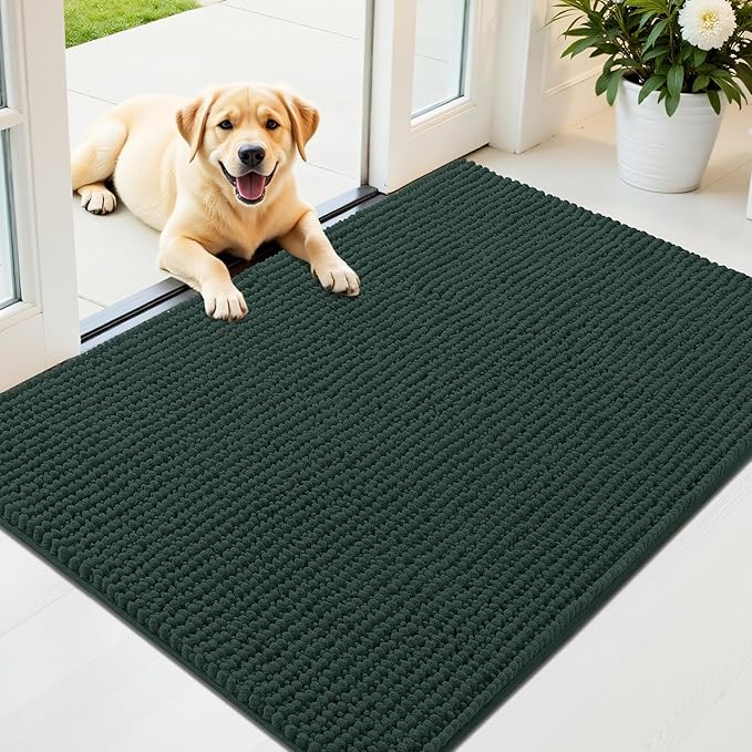 OLANLY Dog Door Mat for Muddy Paws 44x32, Ultra Absorbent Chenille Mud Doormat, Non-Slip Washable and Dirt Trapping Doormat for Indoor Entryway, Quick-Dry Indoor Pet Bed Mats for Dogs, Blackish Green