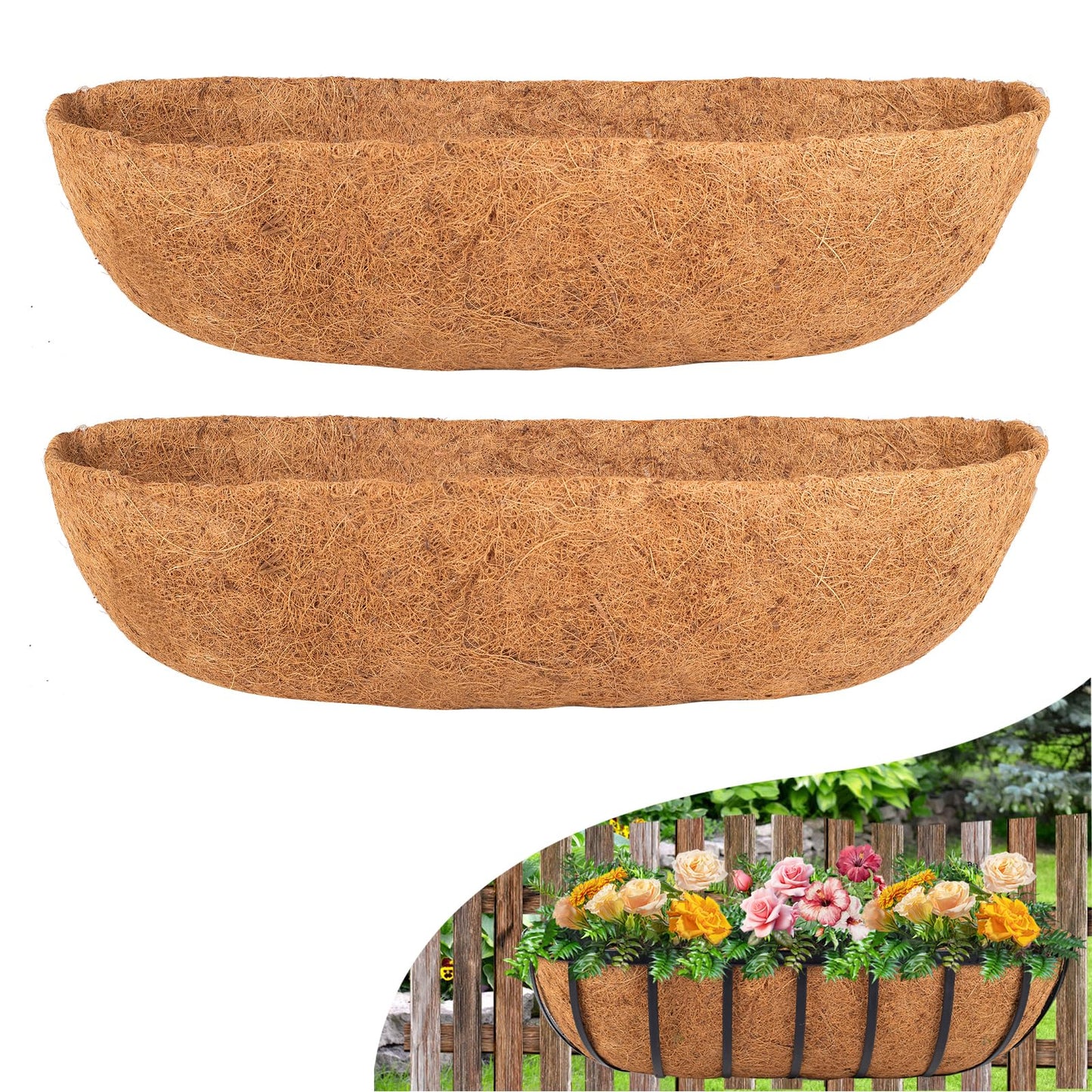 HKZ Coconut Liner for Planters - 2 Pcs 30 Inch Trough Coco Liners for Window Box, Natural Coconut Coir Fiber Planter Liners for Garden Fence Planter Flower Baskets
