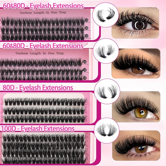YIDUO 994Pcs Lash Clusters Kit Gift Packs 60D/80D/100D Volume 3D Clusters Lashes Extensions Kit 10-20mm D Curly Wispy Soft DIY Individual Eyelash Extension Kit 4 Box pestañas postizas Bulk Pack