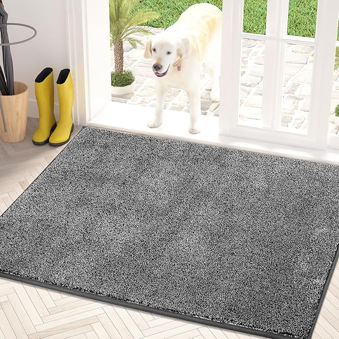 PURRUGS Dirt Trapping Door Mat 34" x 59", Non-Slip Machine Washable Entryway Rug, Dog Doormat, Indoor Front Door Mat, Super Absorbent Entry Rug for Muddy Shoes & Paws, Light Grey-Dark Grey