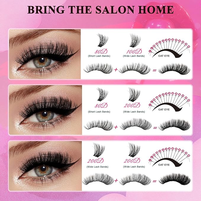 Bombshell Lash Clusters Kit Fluffy Lash Clusters Thick Eyelashes 80D-200D Eyelash Clusters Kit 400Pcs Eyelash Extension Kit DIY Lashes with Bond and Seal 10-18mm False Eyelashes