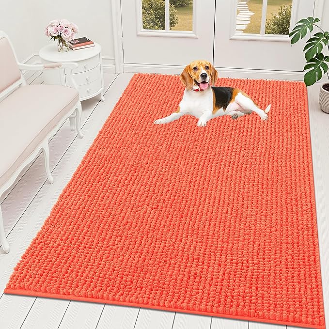 OLANLY Dog Door Mat for Muddy Paws 70x46, Ultra Absorbent Chenille Mud Doormat, Non-Slip Washable and Dirt Trapping Doormat for Indoor Entryway, Quick-Dry Indoor Pet Bed Mats for Dogs, Coral