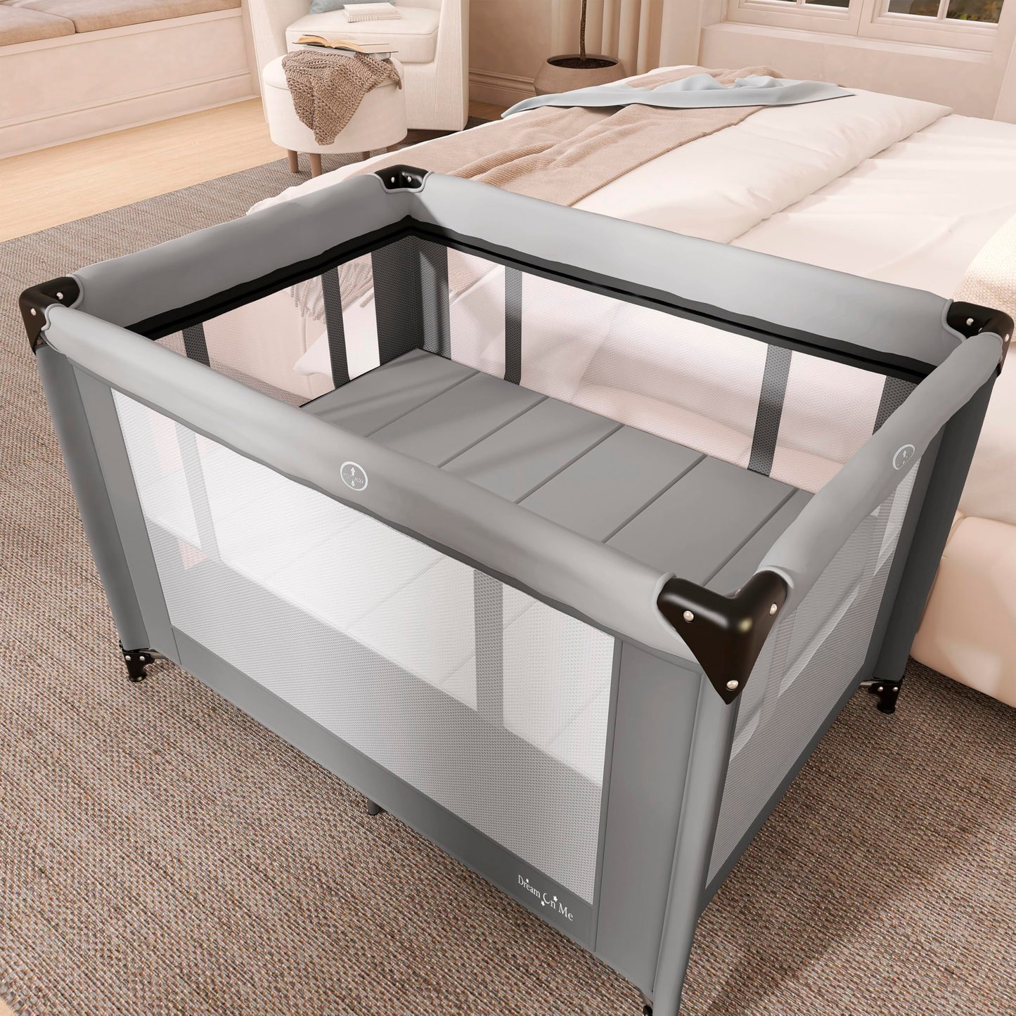 Dream On Me Zazzy Portable Playard with Bassinet - 360° Mesh Visibility, Quick Folding Travel Friendly Design, Carry Bag and Foldable Mattress Pad Included, Compact and Lightweight - Gray