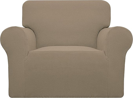 Easy-Going Stretch Chair Sofa Slipcover 1-Piece Couch Sofa Cover Furniture Protector Soft with Elastic Bottom for Kids, Pet. Spandex Jacquard Fabric Small Checks (Chair, Natural)