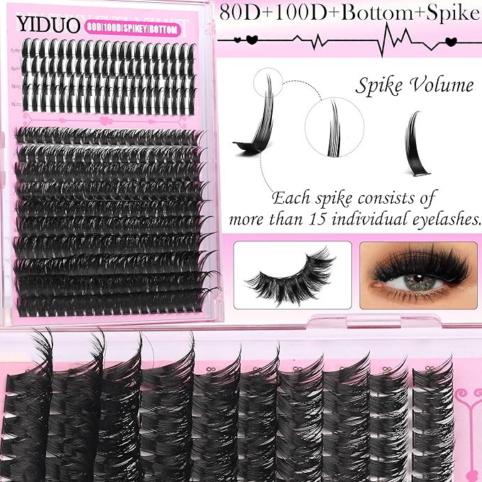 YIDUO 8 Styles Mix Lashes Clusters Kit 4 Box Cluster Lash Book Kit with Bond&Seal 1888Pcs 100D/200D/300D Volume Manga Eyelash Extension with Spikys/Bottom lash Kit for Beginners DIY at Home Easily