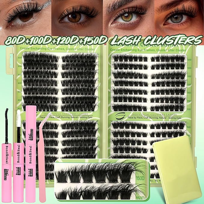 Cat Eye Wispy Lash Clusters Kit 420Pcs DIY Individual Lashes Clusters Lash Bond and Seal Lash Tweezers