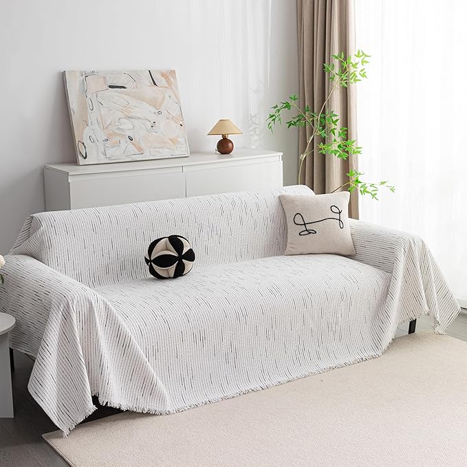 MYSKY HOME Boho Couch Cover White Sofa Covers with Tassel Farmhouse Sofa Slipcover Simple Couch Protector for Dogs Chenille Sectional Couch Covers L Shaped Couch Cushion Covers, 71"x 134"