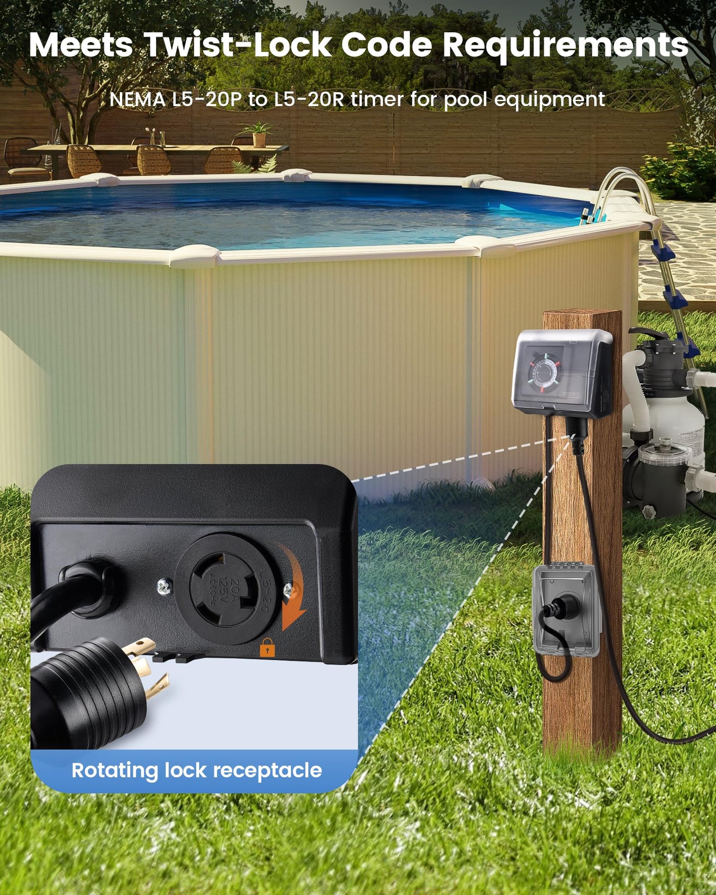 SURAIELEC Mechanical Pool Timer for Above Ground Pools, NEMA L5-20R Twist-Lock Plug-in Pool Timer, 20A 125V 1HP, Up to 3 Daily Settings, Weatherproof Cover, for Pumps, Heaters, Fountains and Lighting
