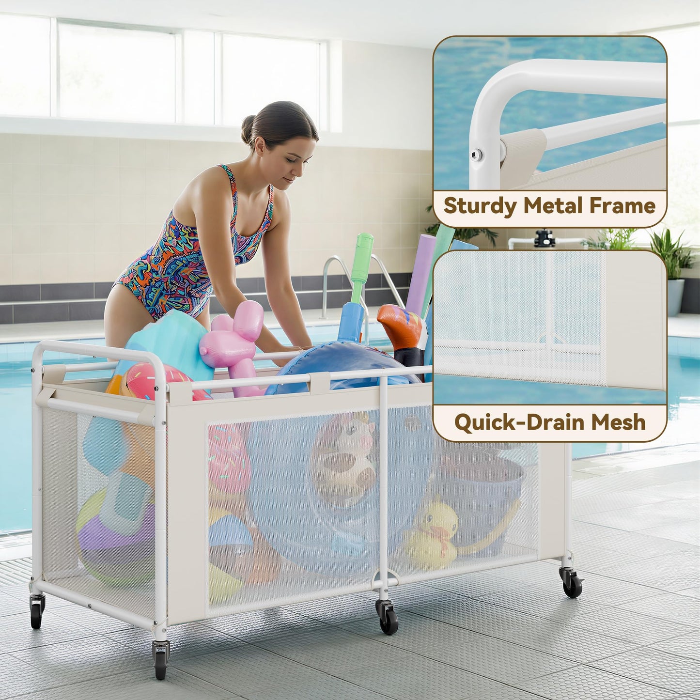 GRANNY SAYS Pool Float Storage Organizer, 290-Gallon Large Pool Storage Bin,35" Pool Toy Storage Cart with Wheels for Floats,Toys and Balls,Mesh Poolside Storage Holder for Swimming Pool,Beige
