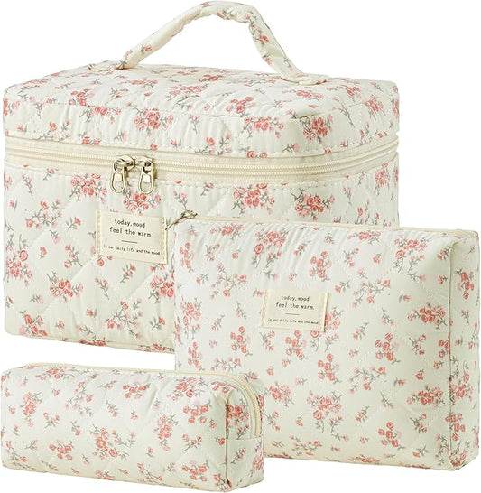 HBselect Quilted Makeup Bag, 3PCS Cotton Large Travel Makeup Bag, Cute Floral Coquette Make up Bag Cosmetic Bag Toiletry Bag for Women Girls