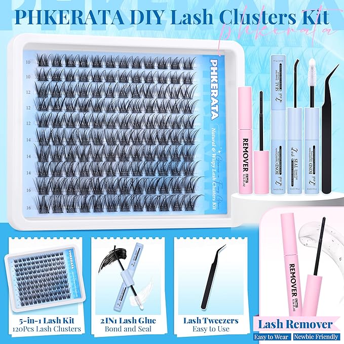 PHKERATA Natural Lash Extension Kit Wispy Lash Clusters Kit Lashes Clusters C Curvature Cluster Eyelash Extension DIY Cluster Lashes with Lash Bond Seal Lash Glue Remover Tweezers Individual Lashes