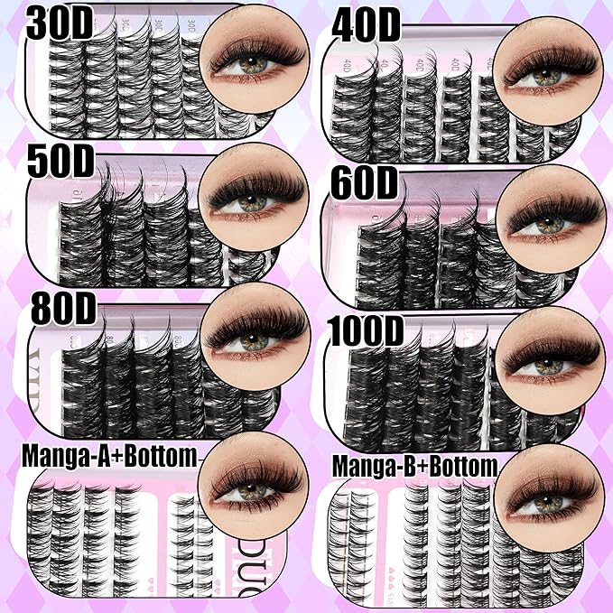 YIDUO 1916Pcs Lashes Clusters Kit 4 Box Cluster Lash Book Kit Gift Packs with Bond&Seal Tool Kit 30D-100D Volume Manga Cluster Eyelash Extension with Bottom Individual False Eyelashe Kit, De Pestañas