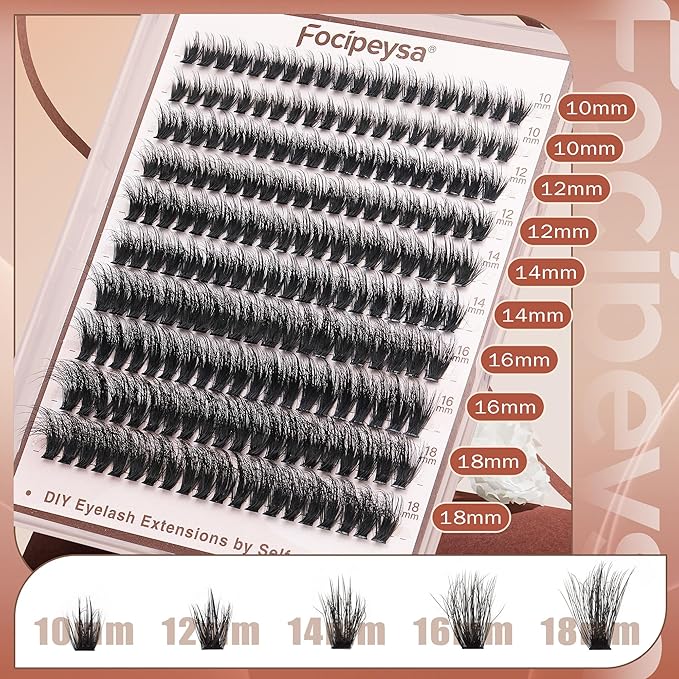 Focipeysa Volume Lash Clusters Kit D Curl Lashes Extensions Thick Volume Eyelash Clusters DIY Eyelash Extension with Lash Glue Lash Bond and Seal 10-16mm Fluffy Cluster Eyelash Extension DIY Lashes